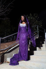 Grape Strapless Prom Dress Beaded Mermaid Gown with Veil