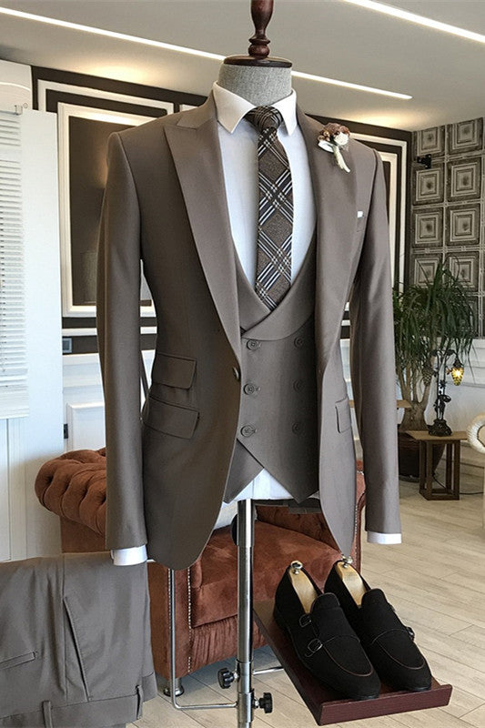 Gray Bespoke Peaked Lapel Three-Piece Business Suit