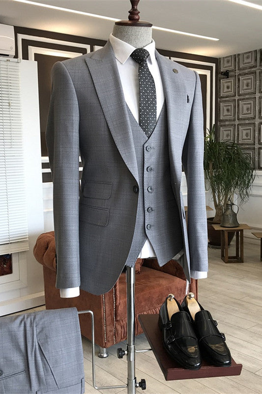 Gray Bespoke Three-Piece Peaked Lapel Business Suit