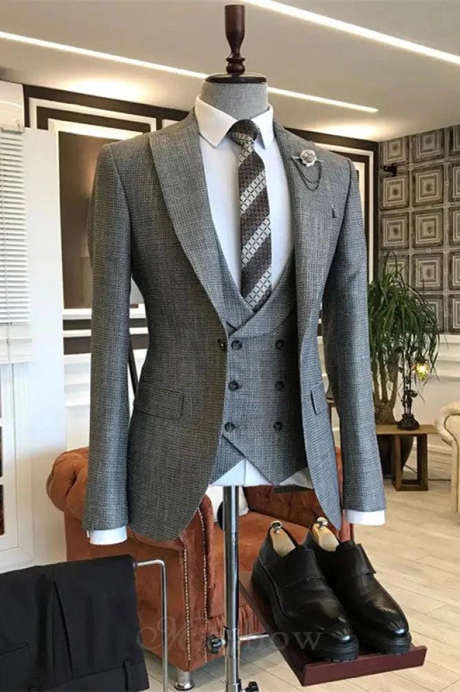 Gray Formal Peaked Lapel Three-Piece Business Suit