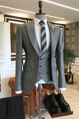 Gray Formal Peaked Lapel Three-Piece Business Suit