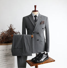 Gray Modern Double Breasted Peak Lapel Business Men’s Suits