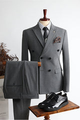 Gray Modern Double Breasted Peak Lapel Business Men’s Suits