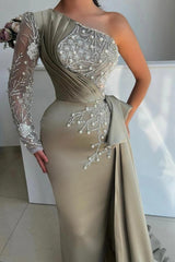 Gray One Shoulder Long Sleeve Beaded Column Satin Floor Length Formal Evening Gown