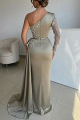 Gray One Shoulder Long Sleeve Beaded Column Satin Floor Length Formal Evening Gown