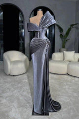 Gray One Shoulder Sleeveless Mermaid Satin Ruched Floor Length Formal Evening Gown