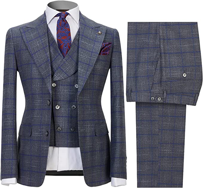 Gray Peak Lapel Close-Fitting Three-Piece Plaid Men's Business Suit