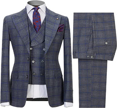 Gray Peak Lapel Close-Fitting Three-Piece Plaid Men's Business Suit