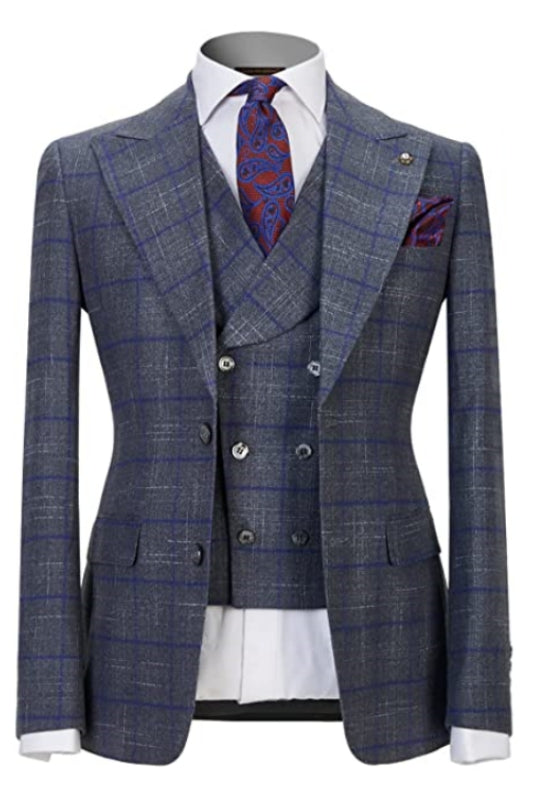Gray Peak Lapel Close-Fitting Three-Piece Plaid Men's Business Suit