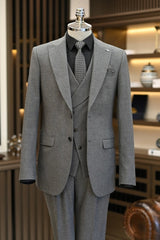 Gray Peaked Lapel Three-Piece Men's Business Suit