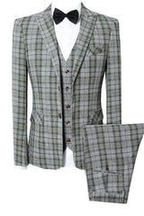 Gray Plaid Bespoke Three-Piece Peaked Lapel Business Suits