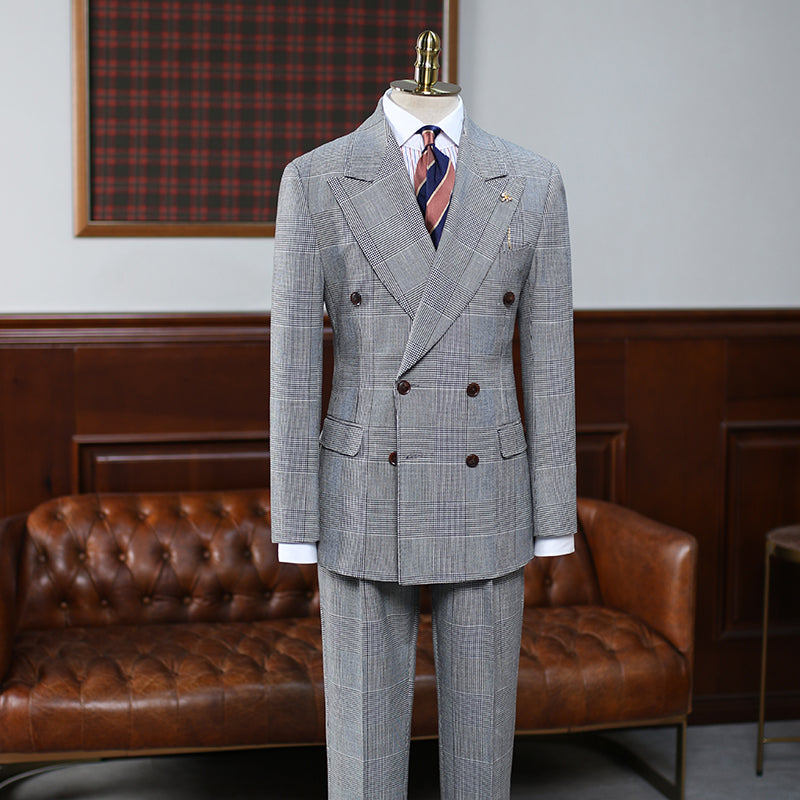 Gray Plaid Peak Lapel Double Breasted Custom Business Suit