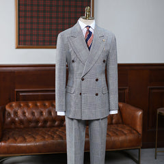 Gray Plaid Peak Lapel Double Breasted Custom Business Suit