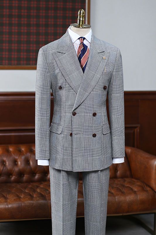 Gray Plaid Peak Lapel Double Breasted Custom Business Suit