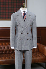 Gray Plaid Peak Lapel Double Breasted Custom Business Suit