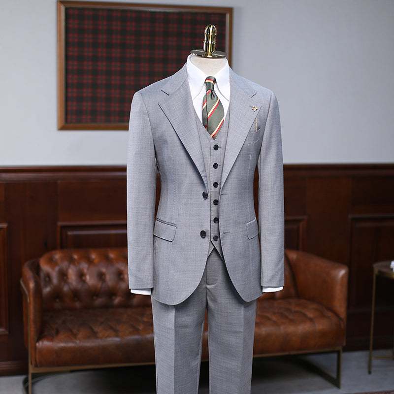 Gray Small Plaid Three Pieces Notched Lapel Slim Fit Business Suit