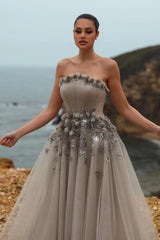 Gray Strapless Sleeveless A-Line Tulle Floral Applique Floor Length Formal Evening Gown