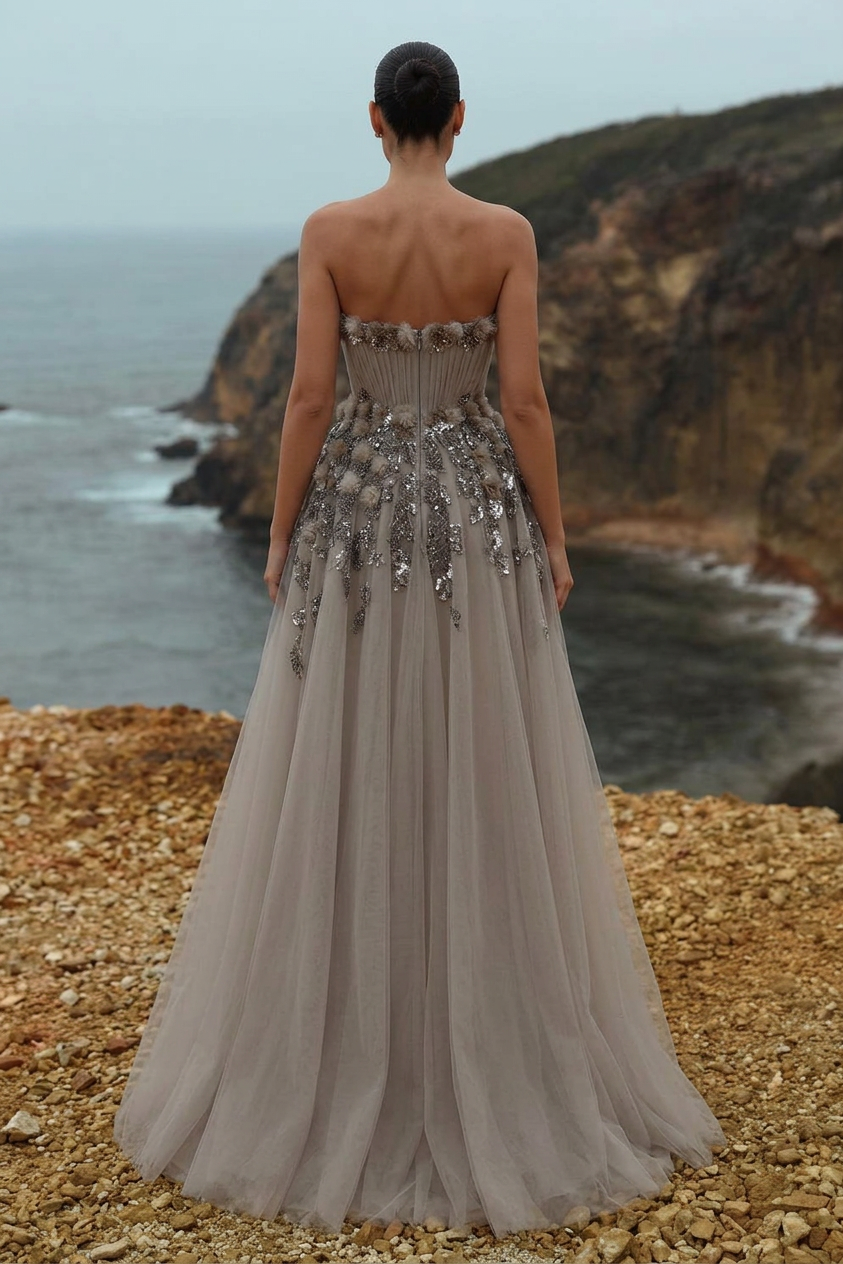 Gray Strapless Sleeveless A-Line Tulle Floral Applique Floor Length Formal Evening Gown