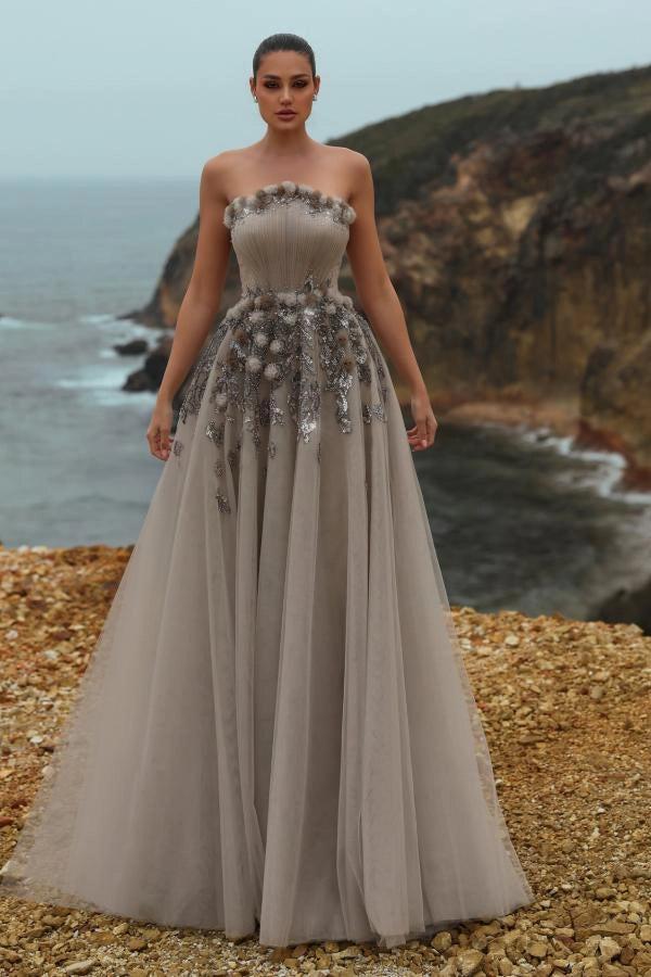 Gray Strapless Sleeveless A-Line Tulle Floral Applique Floor Length Formal Evening Gown