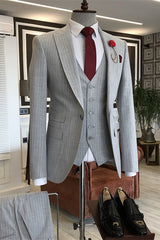 Gray Striped Close-Fit Peaked Lapel Three-Piece Business Suit