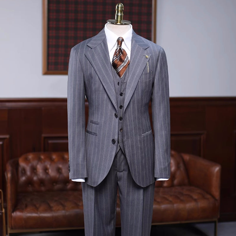 Gray Striped Three-Piece Notched Lapel Formal Business Suit