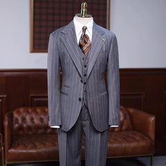 Gray Striped Three-Piece Notched Lapel Formal Business Suit