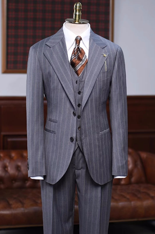 Gray Striped Three-Piece Notched Lapel Formal Business Suit