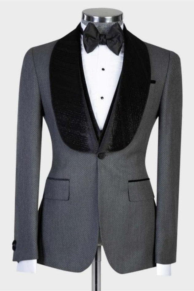 Gray Stylish One Button Wedding Suit with Black Shawl Lapel