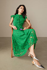 Green A-line Tea Length Lace Dress with Flutter Sleeves