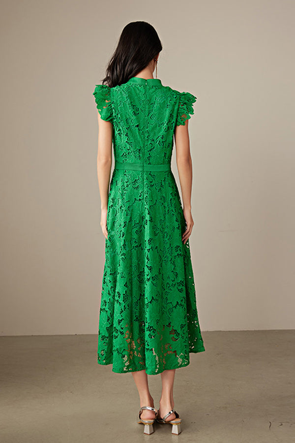 Green A-line Tea Length Lace Dress with Flutter Sleeves