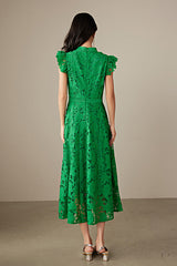 Green A-line Tea Length Lace Dress with Flutter Sleeves