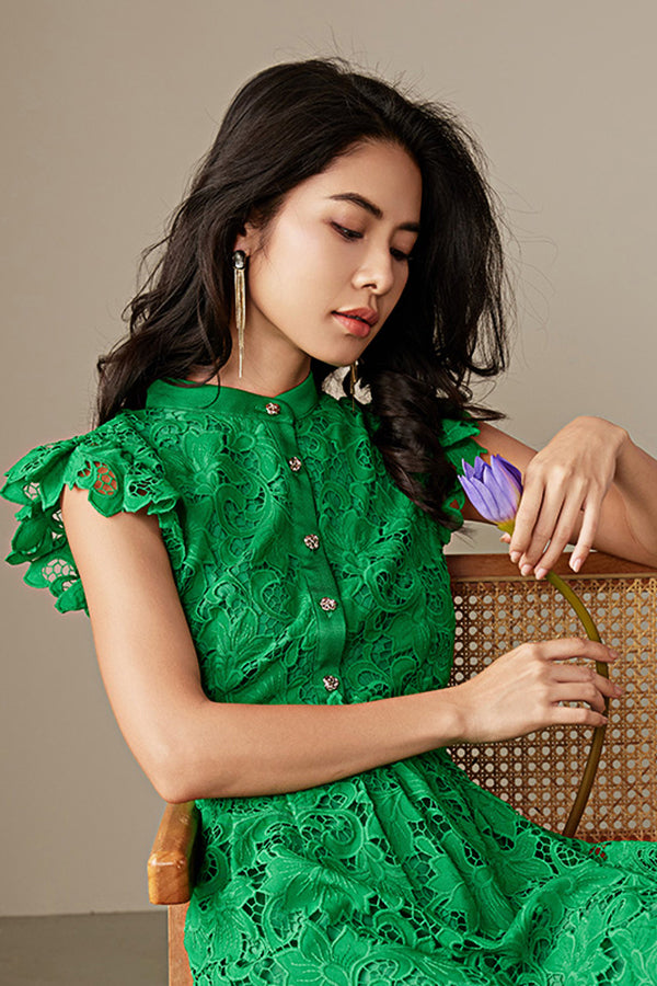 Green A-line Tea Length Lace Dress with Flutter Sleeves