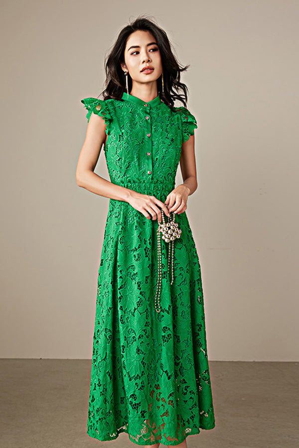 Green A-line Tea Length Lace Dress with Flutter Sleeves