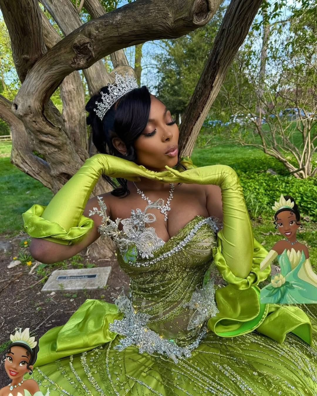 Green Ball Gown Prom Dress Strapless Sweetheart Sheer Illusion 3D Silver Crystal Floral Vine Applique Oversized Satin Bow Hip Voluminous Glitter Tulle Cathedral Train with Gloves