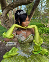 Green Ball Gown Prom Dress Strapless Sweetheart Sheer Illusion 3D Silver Crystal Floral Vine Applique Oversized Satin Bow Hip Voluminous Glitter Tulle Cathedral Train with Gloves