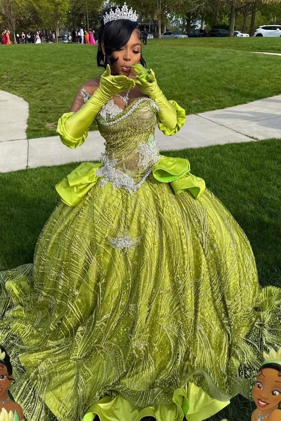 Green Ball Gown Prom Dress Strapless Sweetheart Sheer Illusion 3D Silver Crystal Floral Vine Applique Oversized Satin Bow Hip Voluminous Glitter Tulle Cathedral Train with Gloves