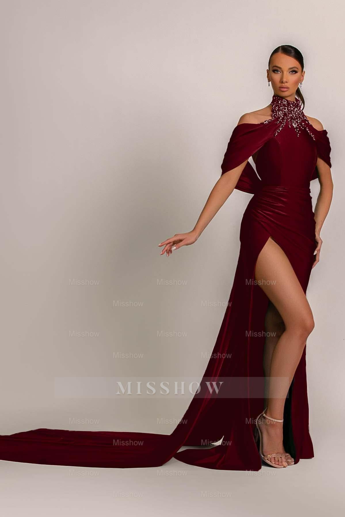 Green High Neck Pleated Mermaid Formal Dress Halter With Appliques