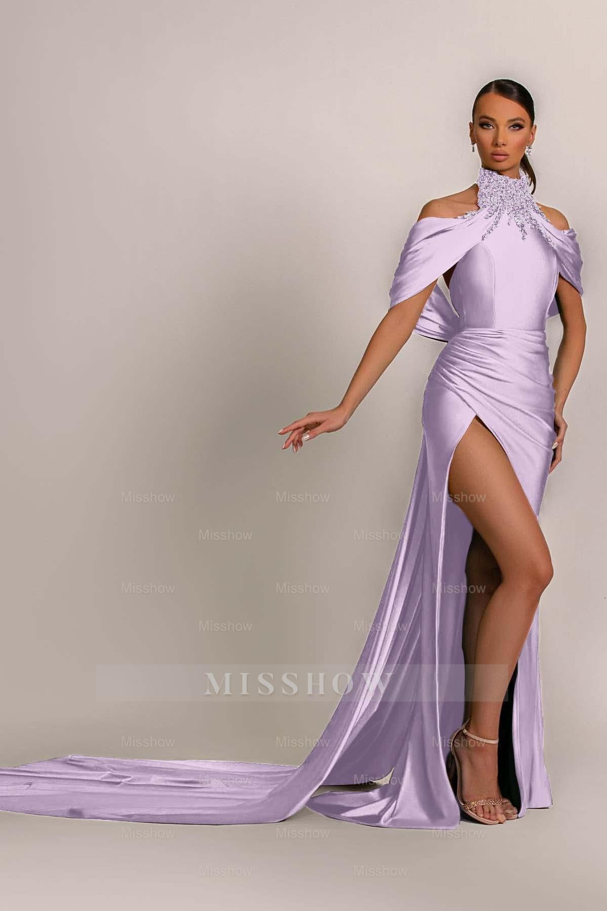 Green High Neck Pleated Mermaid Formal Dress Halter With Appliques