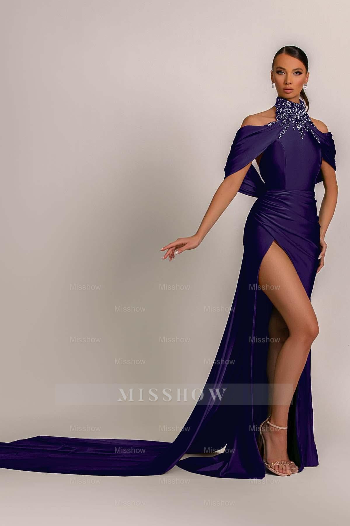 Green High Neck Pleated Mermaid Formal Dress Halter With Appliques