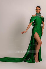 Green High Neck Pleated Mermaid Formal Dress Halter With Appliques