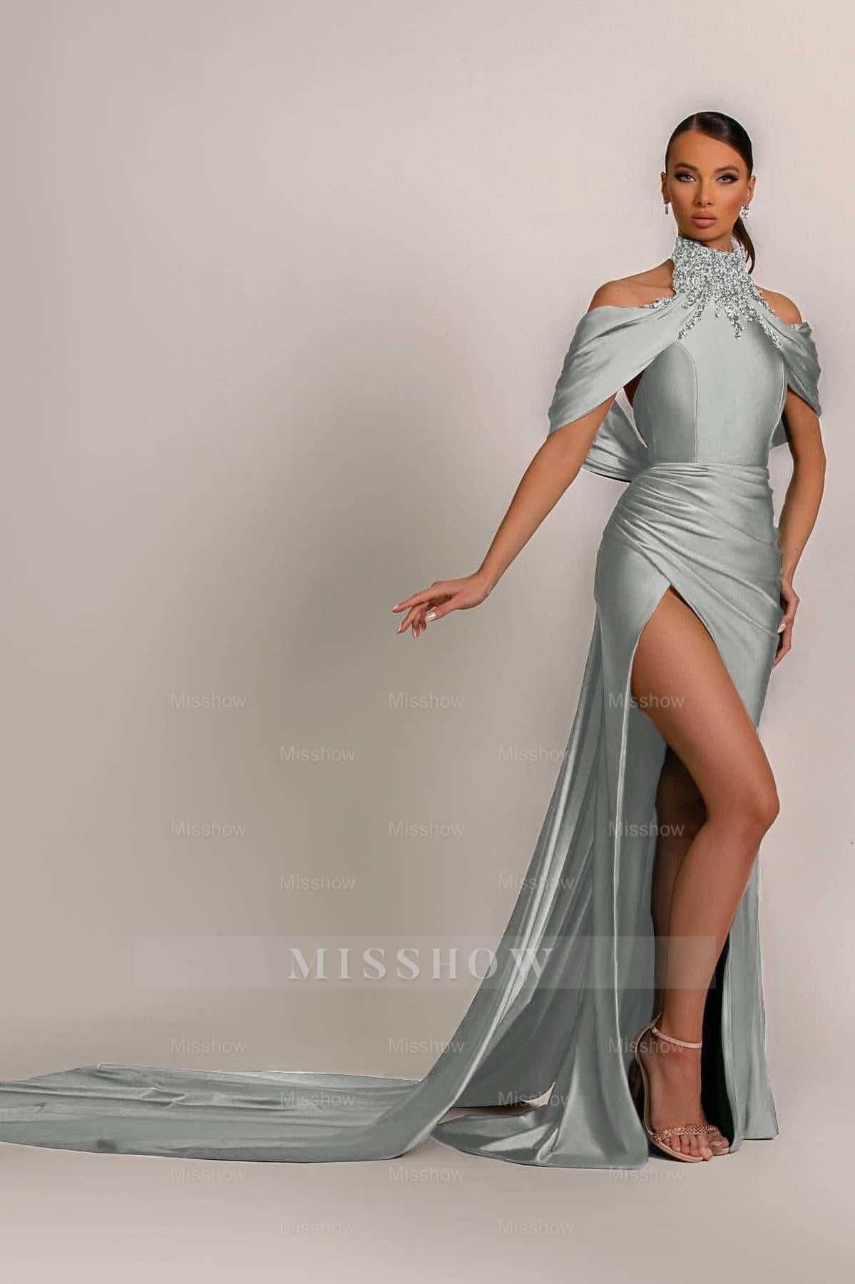 Green High Neck Pleated Mermaid Formal Dress Halter With Appliques