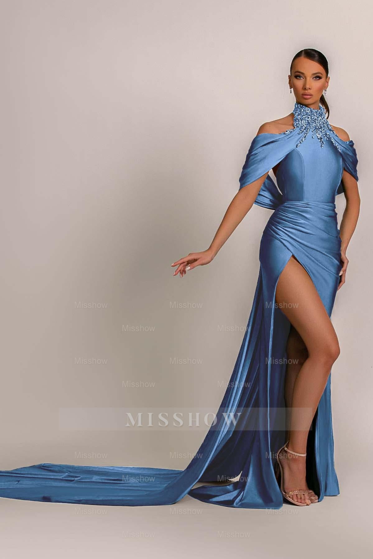 Green High Neck Pleated Mermaid Formal Dress Halter With Appliques