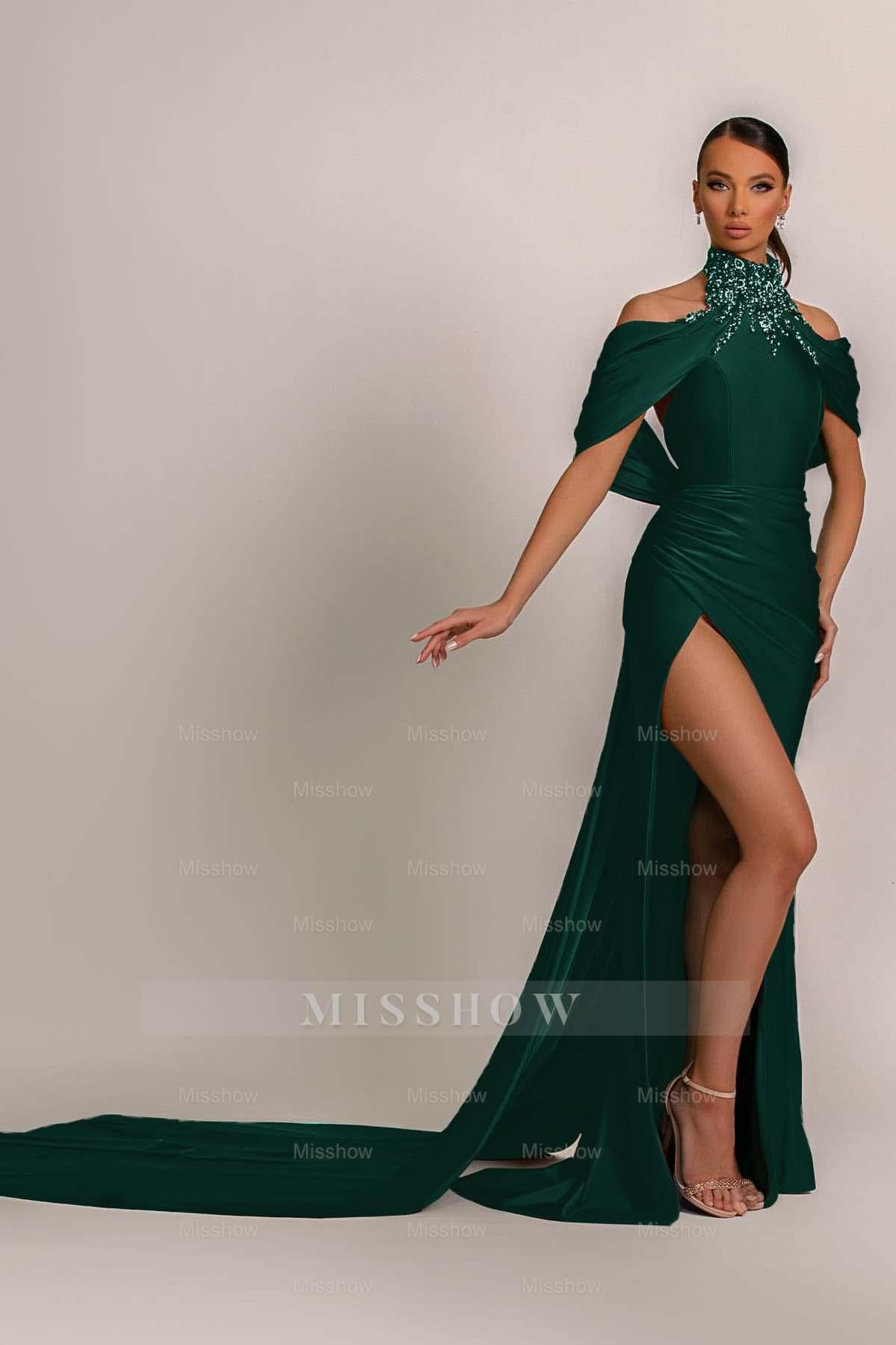 Green High Neck Pleated Mermaid Formal Dress Halter With Appliques