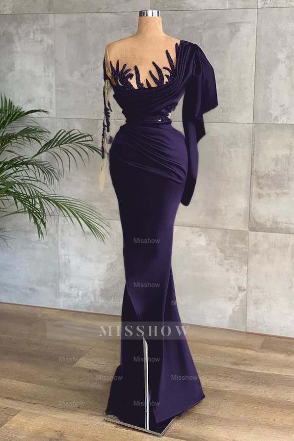 Green Long Sleeves Mermaid Side Split Formal Dress With Appliques