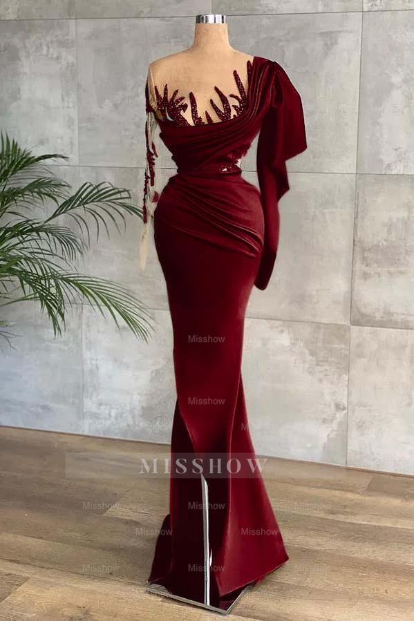 Green Long Sleeves Mermaid Side Split Formal Dress With Appliques