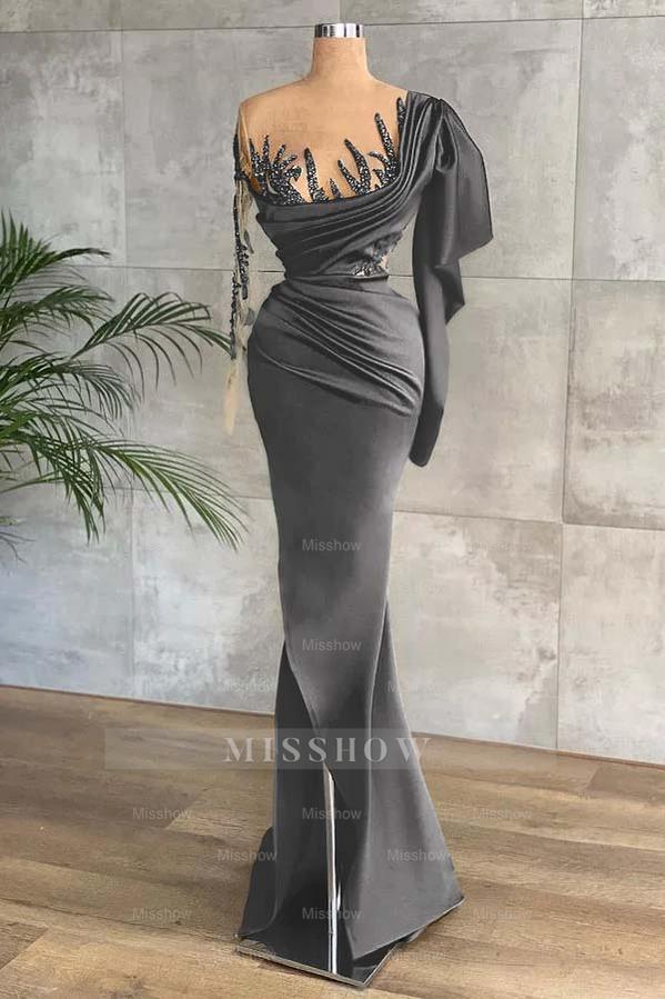 Green Long Sleeves Mermaid Side Split Formal Dress With Appliques