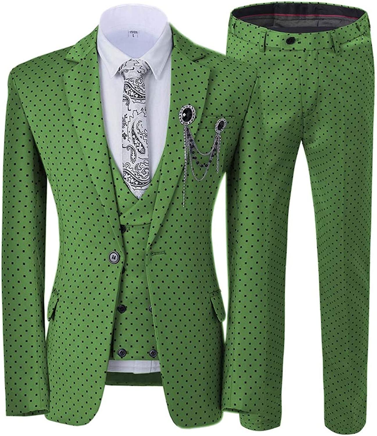 Green Notched Lapel Three Piece Close Fitting Prom Suit With Black Pattern
