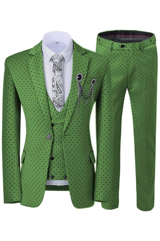 Green Notched Lapel Three Piece Close Fitting Prom Suit With Black Pattern