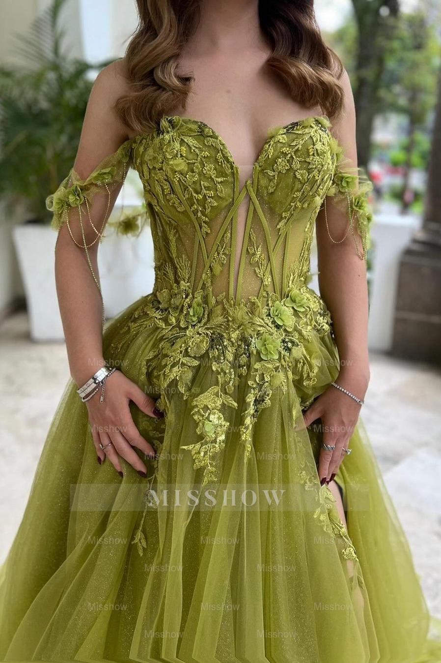 Green Off Shoulder Sweetheart Sleeveless Tulle Floral A-Line Formal Evening Dress