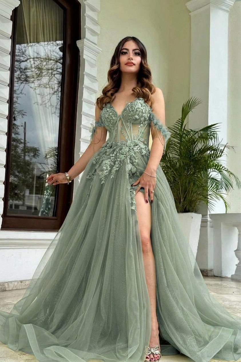 Green Off Shoulder Sweetheart Sleeveless Tulle Floral A-Line Formal Evening Dress